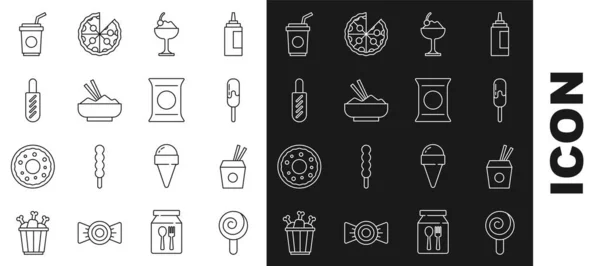 Set line Lollipop, fideos y palillos asiáticos, helado, en bowl, arroz con, sándwich de Hotdog, paja de vidrio de papel y bolsa o paquete de patatas fritas icono. Vector — Archivo Imágenes Vectoriales