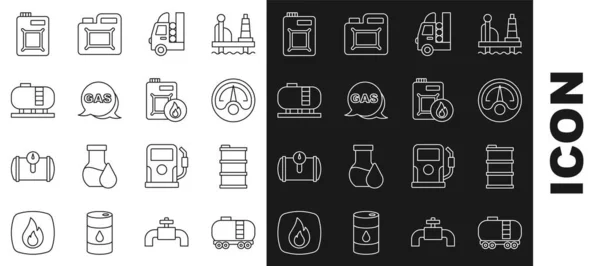 Setzen Sie Linie Ölbahn Zisterne, Barrel Öl, Motor Gasspur, Gastank für das Fahrzeug, Standort und Station, Lagerung, Kanistermotor und Symbol. Vektor — Stockvektor