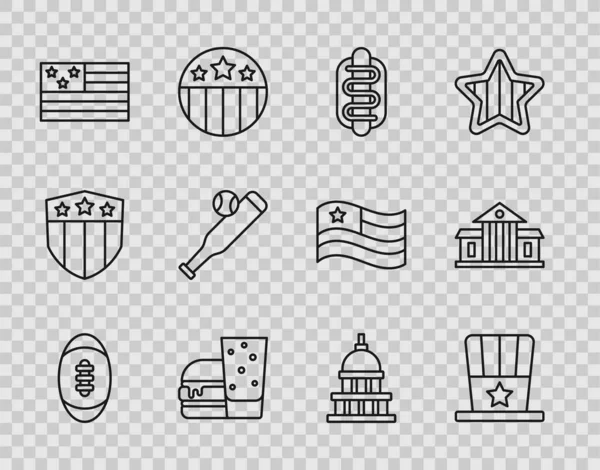 Set line American Football ball, Patriotic top hat, Hotdog sandwich, Burger, flag, Baseball bat with, White House and icon. Vector — Stock Vector