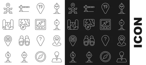 Définir la ligne Push pin, Emplacement avec maison, Panneau de signalisation tourner à gauche, Emplacement du café et du restaurant, Plan de ville navigation, Plié, et l'icône de l'appareil GPS. Vecteur — Image vectorielle