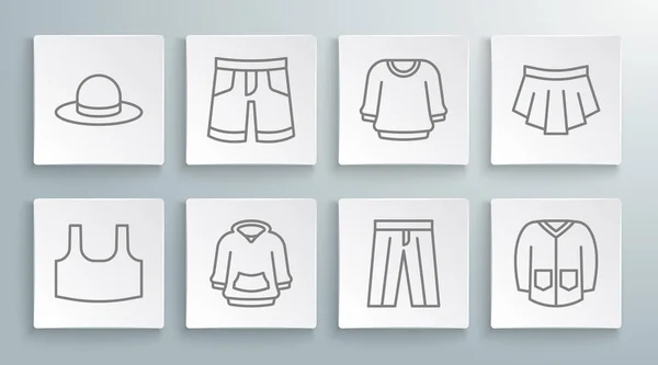 ラインアンダーシャツ、ショートパンツ、パーカー、パンツ、セーター、スカート、男性の帽子のアイコンを設定します。ベクトル — ストックベクタ