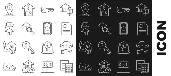 Calculatrice de ligne fixe, Location de voiture, Contrat maison, clé, Recherche maison, avec percant, Localisation et icône de l'immobilier en ligne. Vecteur — Image vectorielle