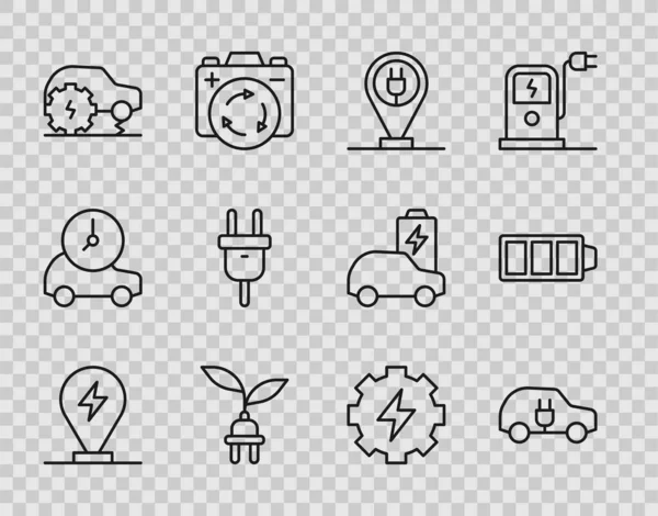 Set line Charging parking electric car, Electric, saving plug leaf, service, Gear and lightning and Battery charge icon. Vector — Stock Vector