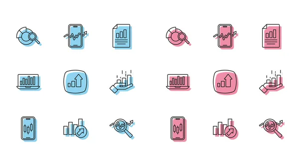 Set line Mobilní obchodování s akciemi, Finanční růst, Hledat analýzu dat, Laptop s grafem a ikonou. Vektor — Stockový vektor