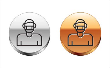 Siyah Çizgili Adam yüzü, beyaz arka planda izole edilmiş tıbbi koruyucu maske ikonu. Karantinaya alın. Gümüş-altın halka düğmesi. Vektör