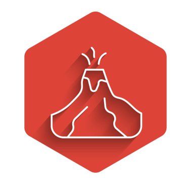 Beyaz çizgi volkan püskürmesi, uzun gölgeli lav ikonu. Kırmızı altıgen düğmesi. Vektör