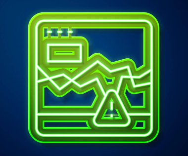 Başarısız borsa simgesinin mavi arkaplanda izole edildiği parlak neon hattı web sitesi. Ekranda ok grafikleri olan bir monitör. Vektör
