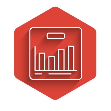 Beyaz çizgi pasta grafiği bilgi simgesi uzun gölgeli izole edildi. Diyagram çizelgesi. Kırmızı altıgen düğmesi. Vektör