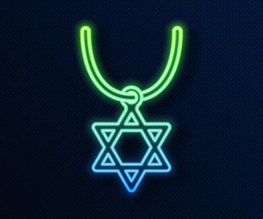 Mavi arka planda izole edilmiş zincir ikonunda parlayan neon çizgisi David 'in Yıldızı kolyesi. Yahudi dini sembolü. İsrail 'in sembolü. Mücevher ve aksesuar. Vektör