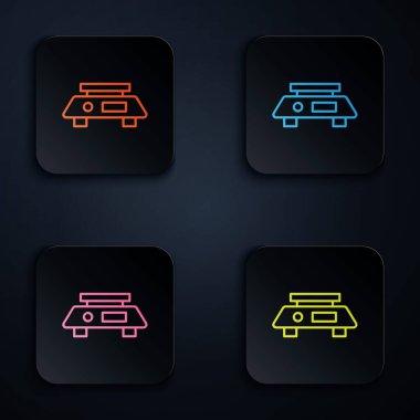 Renkli neon çizgisi Elektronik ölçek simgesi siyah arkaplanda izole edildi. Ağırlık ölçüm aletleri. Kare düğmelere simgeleri yerleştir. Vektör