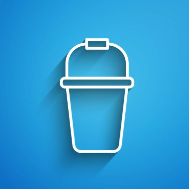 Mavi arkaplanda beyaz çizgi Bucket simgesi izole edildi. Uzun gölge. Vektör