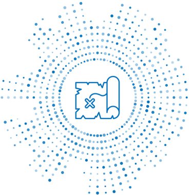 Mavi çizgi korsan hazine haritası simgesi beyaz arkaplanda izole edildi. Soyut çember rastgele noktalar. Vektör