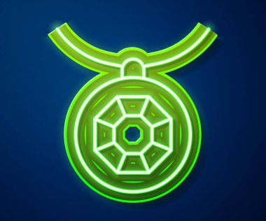 Kolye ikonundaki parlak neon çizgili kolye mavi arka planda izole edilmiş. Vektör