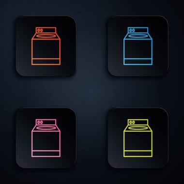 Renkli neon çizgisi yıkama simgesi siyah arkaplanda izole edildi. Çamaşır makinesi simgesi. Çamaşır makinesi, çamaşır makinesi. Ev aletleri sembolü. Kare düğmelere simgeleri yerleştir. Vektör