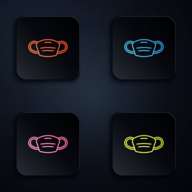 Renkli neon çizgisi tıbbi koruyucu maske simgesi siyah arkaplanda izole edildi. Kare düğmelere simgeleri yerleştir. Vektör