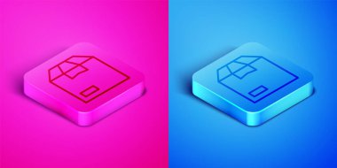 Pembe ve mavi arkaplanda izole edilmiş Isometric çizgi karton kutu simgesi. Kutu, paket, paket işareti. Teslimat ve ambalaj. Kare düğmesi. Vektör