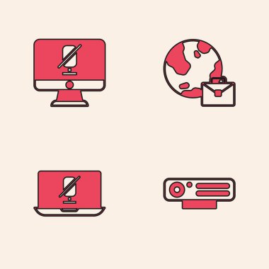 Web kamerasını, dilsiz mikrofonu bilgisayarda, çevrim içi çalışmayı ve dizüstü bilgisayar simgesini ayarla. Vektör