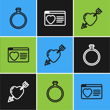 Diamond nişan yüzüğü, kalbi ve oku olan Amour ve online flört uygulaması ikonu. Vektör