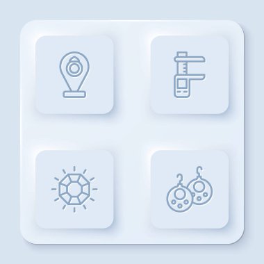 Sabit hat kuyumcu, Calliper kalibre ve ölçü, elmas ve küpe. Beyaz kare düğme. Vektör