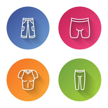 Çizgili pantolon, bisiklet şortu, tişört ve tayt. Renkli daire düğmesi. Vektör