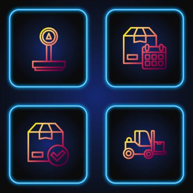 Forklift kamyonunu ayarla, işaretli aksesuar kutusu, ölçek ve karton takvim. Renk simgeleri. Vektör