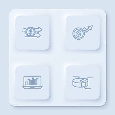 Finansal büyüme doları, grafik grafikli dizüstü bilgisayar ve turta bilgisini ayarla. Beyaz kare düğme. Vektör