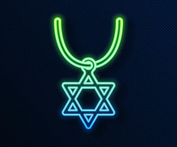 Ligne lumineuse néon Collier étoile de David sur icône chaîne isolé sur fond bleu. Symbole de religion juive. Symbole d'Israël. Bijoux et accessoires. Vecteur — Image vectorielle