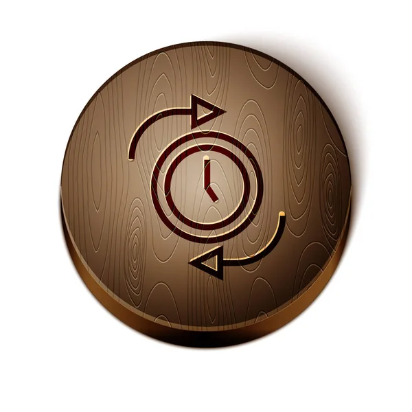 Reloj de línea marrón con icono de flecha aislado sobre fondo blanco. Símbolo de tiempo. Flecha del icono de rotación en sentido horario y tiempo. Botón círculo de madera. Vector — Archivo Imágenes Vectoriales