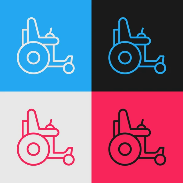 Pop art line Elektrický invalidní vozík pro tělesně postižené ikony izolované na barevném pozadí. Ikona skútru mobility. Vektor — Stockový vektor