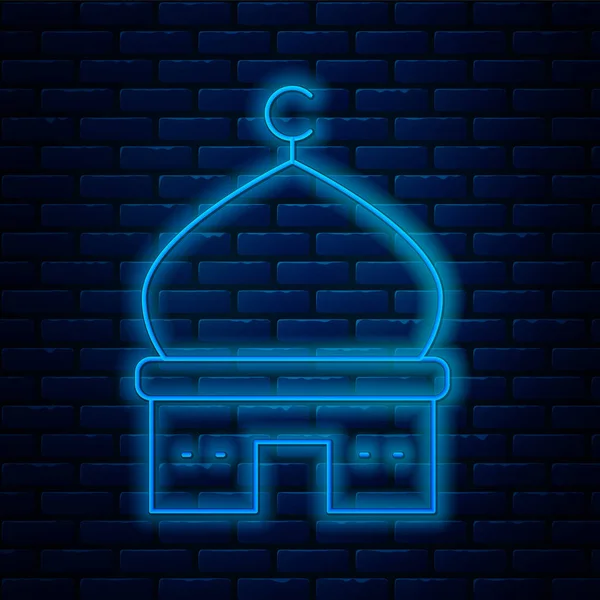 Świecąca neon linii ikona muzułmańskiego meczetu izolowane na tle cegły ściany. Wektor — Wektor stockowy