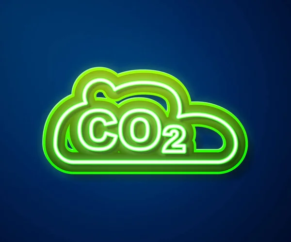 Glowing neon line CO2 emissions in cloud icon isolated on blue background. Carbon dioxide formula, smog pollution concept, environment concept. Vector — Stock Vector