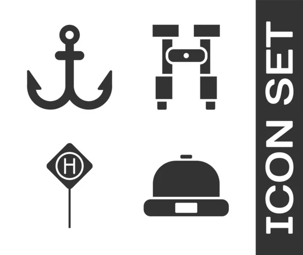 Set Beanie hat, Anchor, Parking and Binoculars icon. Vector — Stock Vector