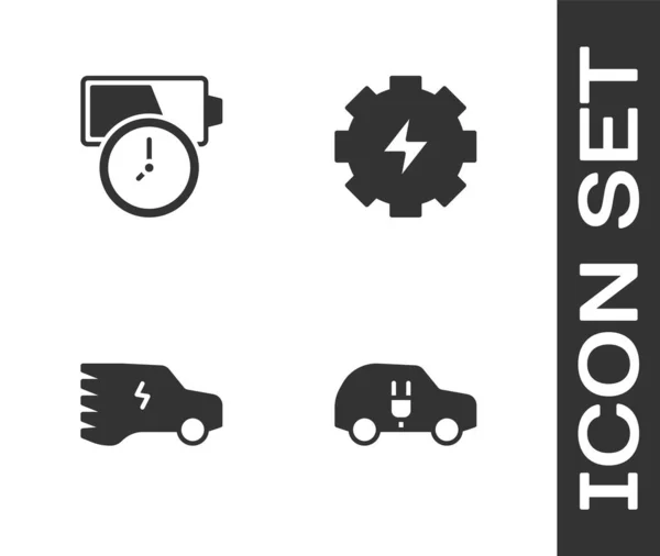 Conjunto de coches eléctricos, carga de la batería, y el engranaje y el icono del rayo. Vector — Vector de stock