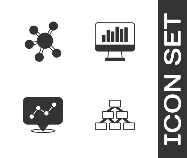 Defina organograma de hierarquia, base de equipe do projeto, gráfico gráfico gráfico infográfico e monitor com ícone. Vetor — Vetor de Stock