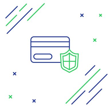 Beyaz arkaplanda kalkan simgesi olan çizgi kredi kartı. Çevrimiçi ödeme. Nakit çekilmesi. Finansal operasyonlar. Alışveriş tabelası. Renkli taslak konsepti. Vektör