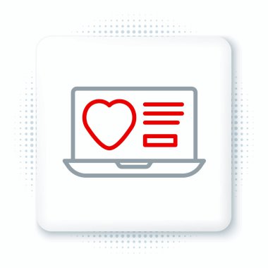 Satır Bulma uygulaması çevrimiçi dizüstü bilgisayar konsepti simgesi beyaz arkaplanda izole edildi. Kadın erkek profili düz tasarım. Çift ilişki için eşleşiyor. Renkli taslak konsepti. Vektör