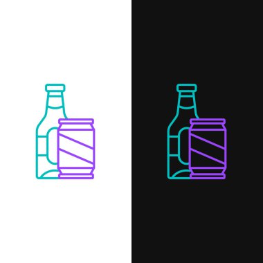 Çizgili bira şişesi ve bira kutusu ikonu beyaz ve siyah arka planda izole edilmiş. Renkli taslak konsepti. Vektör