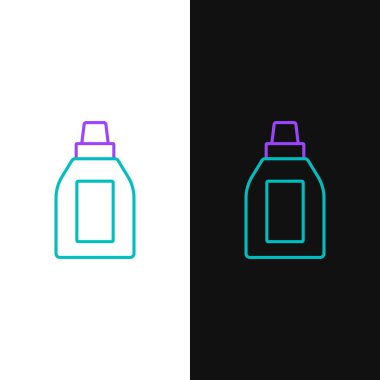Çamaşır deterjanı, çamaşır suyu, bulaşık deterjanı ya da beyaz ve siyah arkaplanda izole edilmiş başka bir temizlik maddesi ikonu için çizgi plastik şişe. Renkli taslak konsepti. Vektör