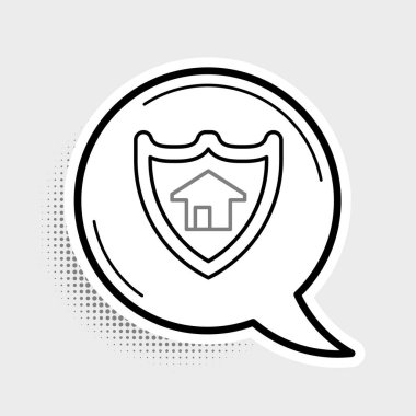 Gri arkaplanda kalkan simgesi olan Çizgi Evi. Sigorta konsepti. Güvenlik, güvenlik, koruma, konsept koruma. Renkli taslak konsepti. Vektör