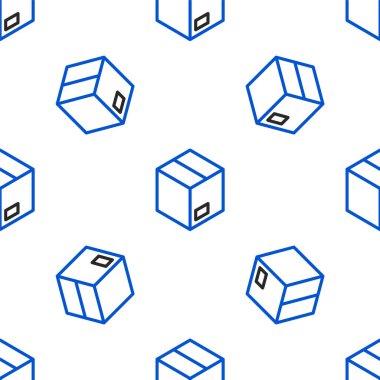 Çizgi karton kutu simgesi beyaz arkaplanda izole edilmiş kusursuz desen. Kutu, paket, paket işareti. Teslimat ve ambalaj. Renkli taslak konsepti. Vektör