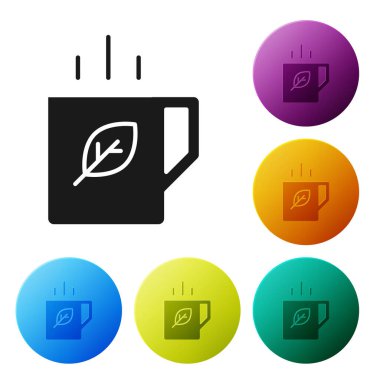 Beyaz arka planda siyah çay ve yaprak ikonu. Simgeleri renk daire düğmelerine ayarla. Vektör.