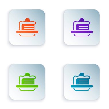 Renkli Kek simgesi beyaz arkaplanda izole edildi. Doğum günün kutlu olsun. Kare düğmelere renkli simgeleri yerleştir. Vektör.