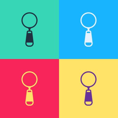 Pop sanat büyüteç simgesi renk arkaplanında izole edilmiş. Arama, odaklanma, yakınlaştırma, iş sembolü. Vektör.