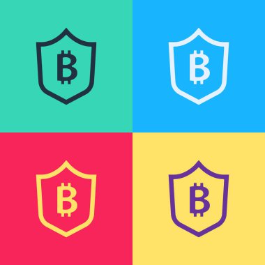 Bitcoin simgesine sahip Pop Art Shield renk arkaplanında izole edilmiş. Kripto para madenciliği, engelleme teknolojisi, güvenlik, koruma, dijital para. Vektör.