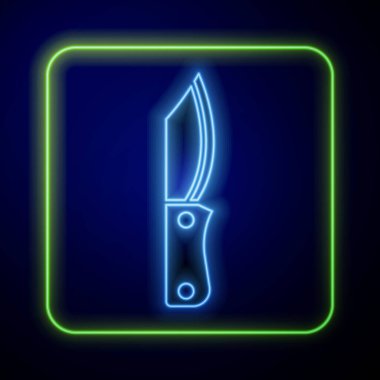 Mavi arka planda parlayan neon askeri bıçak ikonu var. Vektör.