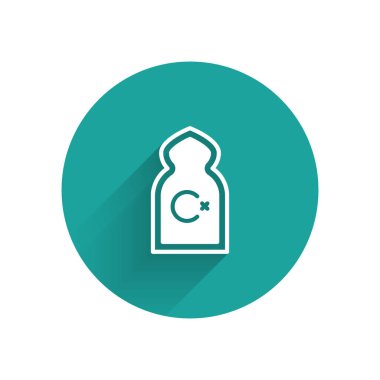 Beyaz Müslüman Camii simgesi uzun gölgeli. Yeşil daire düğmesi. Vektör