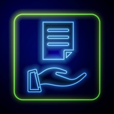 Parlayan neon ev sözleşmesi ikonu mavi arka planda izole edildi. Sözleşme oluşturma hizmeti, belge oluşumu, başvuru formu bileşimi. Vektör