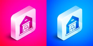 Pembe ve mavi arka planda izole edilmiş Isometric Depo simgesi. Gümüş kare düğme. Vektör