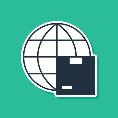 Mavi Dünya kargo ve karton kutu simgesi yeşil arka planda izole edildi. Vektör