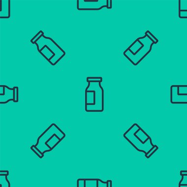 Mavi çizgi, üzerinde süt ikonu olan kapalı cam şişe yeşil arka planda izole edilmiş kusursuz desen. Vektör.